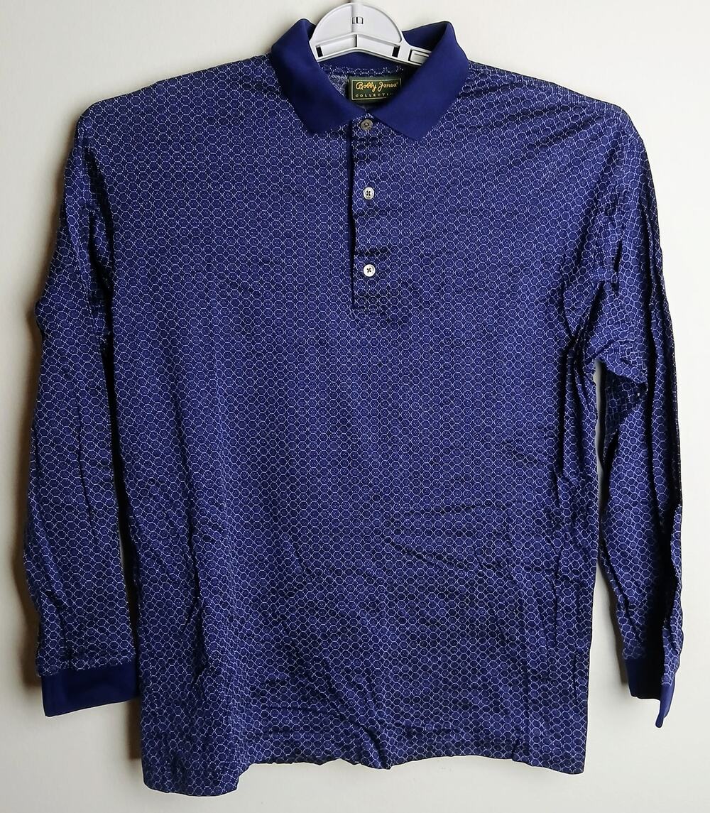 Bobby Jones Vintage Long Sleeve Golf Polo Shirt Mens Medium Blue Geometric M